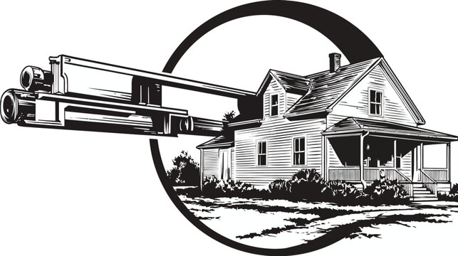 Line art depicting a house intersected by a large object inside a circle