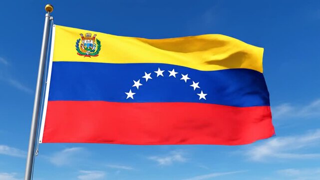 Venezuelan flag waving against a clear blue sky symbolizing patriotism