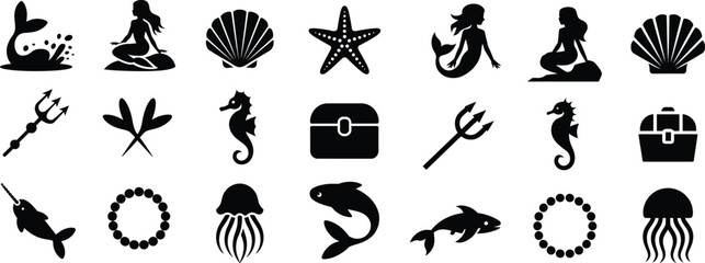 Mermaid and Ocean Life Icon Set – Black Vector Sea Creature Fantasy Collection, Isolated on White Background © Creative Juel 