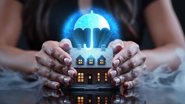Hands protect a miniature house under a glowing blue umbrella symbolizing insurance and security.