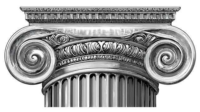 Detailed black and white drawing of the top portion of a classical pillar