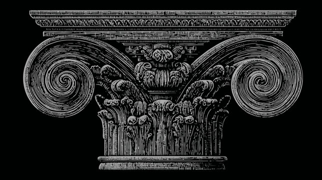 Intricate gray engraving of a Corinthian column capital on black, detailed linework