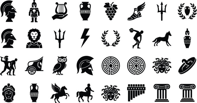 Collection of black silhouette icons representing elements of ancient greek mythology, history, and culture including gods heroes animals and symbols.