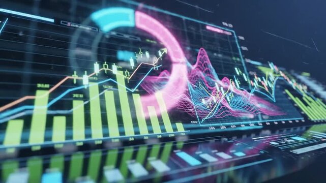 Abstract data analysis interface with digital charts and graphs on screen