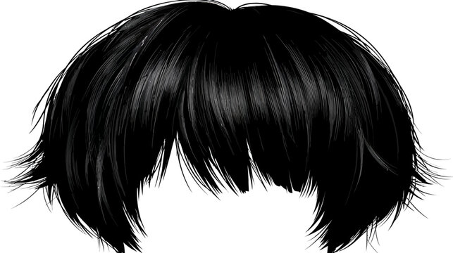 Stylized black wig with straight, feathered ends and short bangs on a white ground