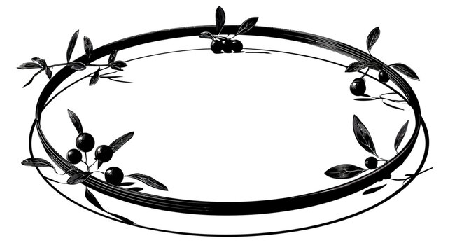 Black and white illustration of an oval frame adorned with olives and leaves