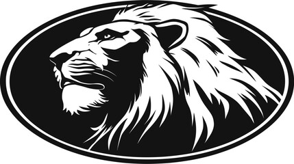 Fototapeta premium Majestic lion profile within a black oval frame, rendered in striking black and white