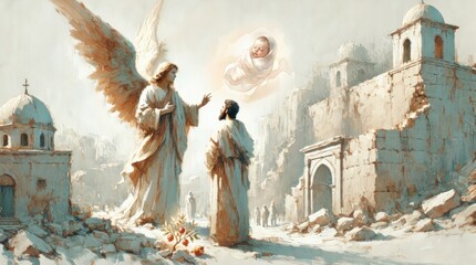 Fototapeta premium Angel announces birth to Zechariah in Jerusalem, digital watercolor painting.