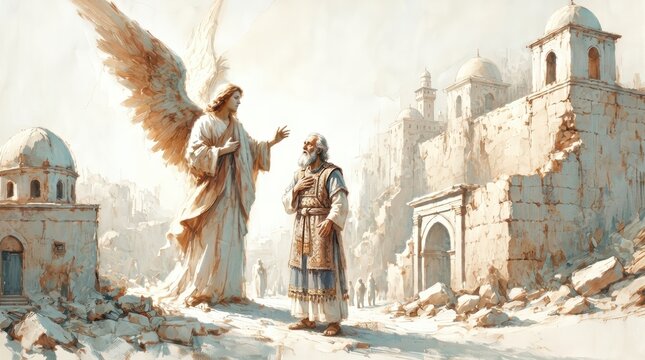 Angel announces birth to Zechariah in Jerusalem, digital watercolor painting.