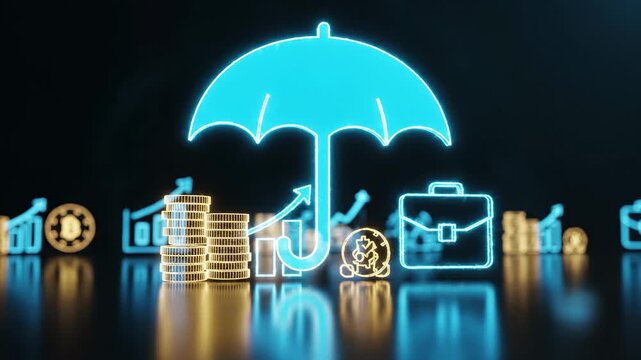 Digital illustration of financial security and investment growth under an umbrella, symbolizing protection and prosperity.