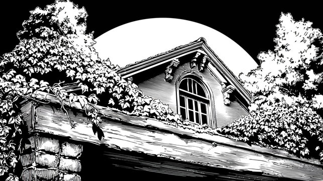 B&W rendition of an old building, overgrown with ivy, against a bright moonlit sky