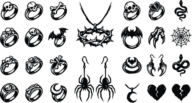 Various dark themed jewelry items and symbols are displayed in a grid format featuring skulls, bones, spiders snakes hearts and more.