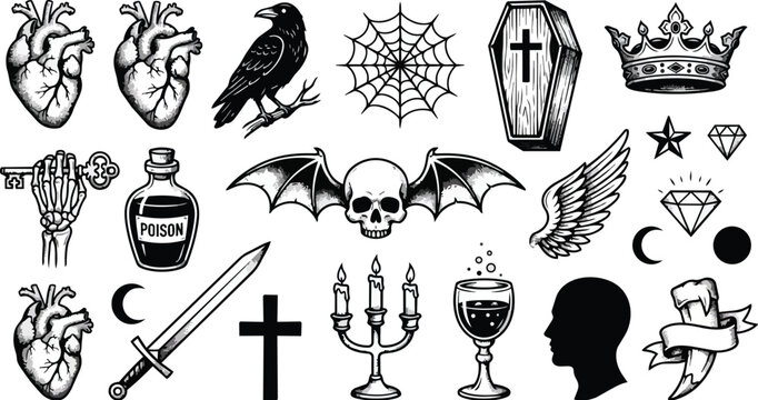 Collection of gothic and occult symbols includes anatomical hearts, a raven, a coffin a crown a skull with wings and a candelabra.