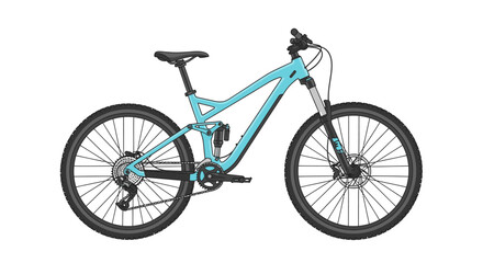 Fototapeta premium Turquoise full suspension mountain bike isolated on a white background, perfect for outdoor adventures and cycling enthusiasts.