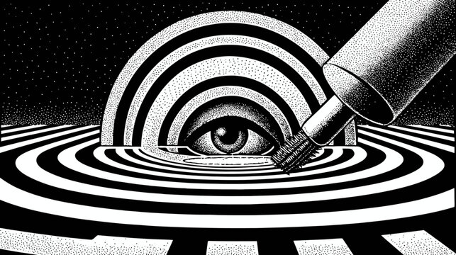 B&W surreal illustration of an eye under striped arch, viewed with brush