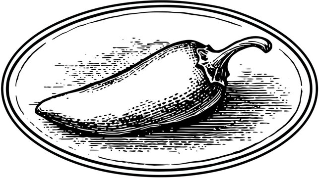 Hatchwork-style illustration of pepper within an oval border on white background