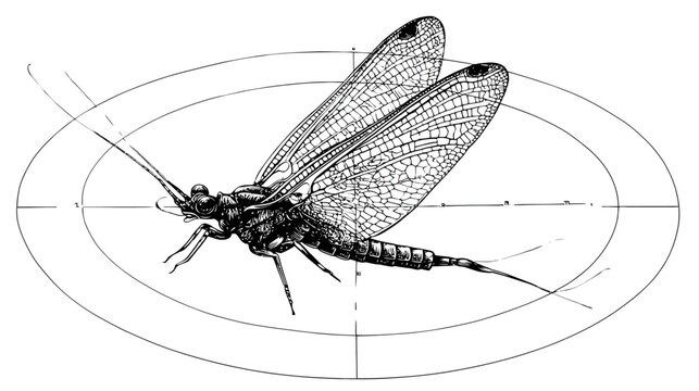 Detailed black and white drawing of a mayfly, framed within two concentric circles