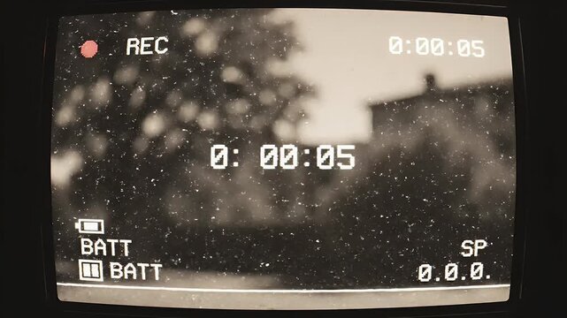 A vintage camcorder displays a grainy recording of a house amidst a snowy landscape, evoking a sense of nostalgia and old technology.