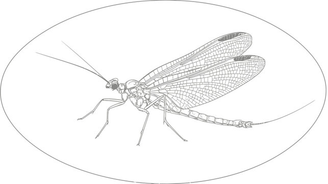 Detailed illustration of a mayfly insect inside an oval frame, rendered in gray lines