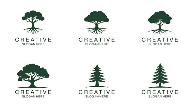 Tree logo designs with creative slogans and green silhouettes on white background