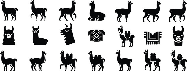 Fototapeta premium Llama and Alpaca Icon Set – Black Silhouette South American Animal Vector Collection, Wool Farm Illustration Isolated on White Background