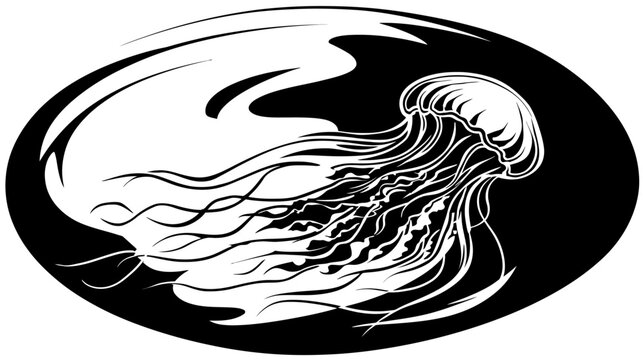 Stylized jellyfish floats in oval space, tentacles flowing, presented in black and white