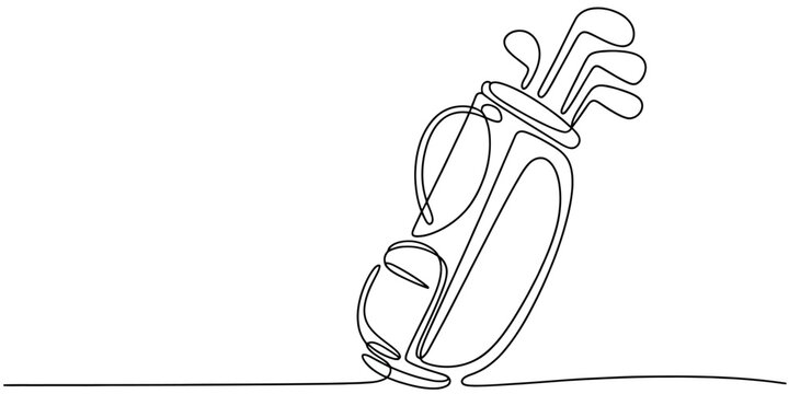 Minimalist continuous line drawing of a golf bag with clubs