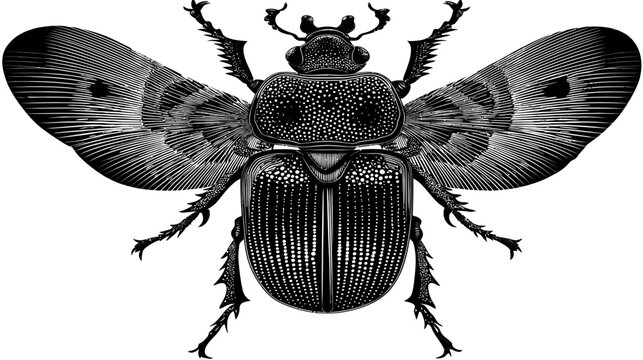 Detailed black-and-white woodcut-style illustration of a beetle with dotted patterns