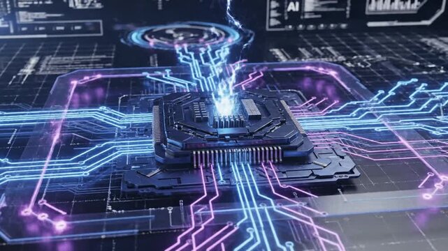 Dynamic 4K animation of a central processor emitting powerful energy beams, symbolizing data transfer, high performance computing, and futuristic power systems.