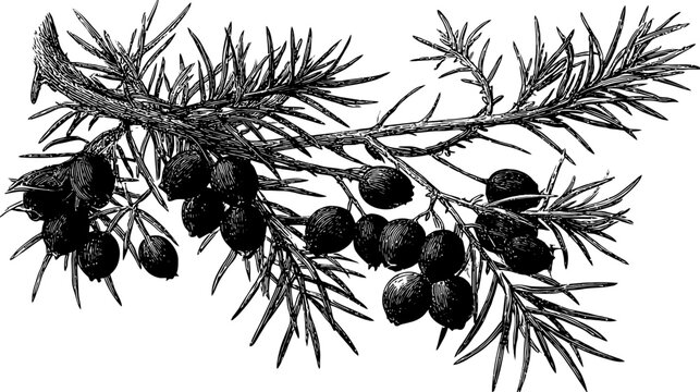 Black and white drawing of juniper branch with berries and needles on white background