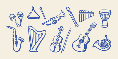 Naklejka na ściany i meble Musical instruments set naive doodle vector illustration