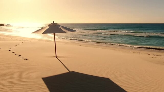 Minimal beach scene with one white umbrella, long shadow stretching, clean sand texture, large copy space, editorial style