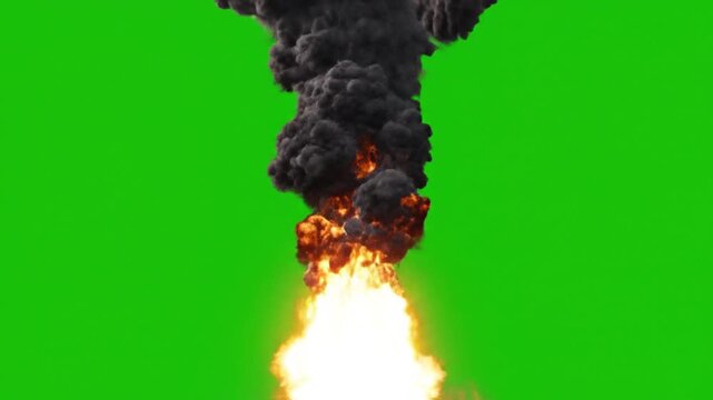 Explosion with black smoke and flames against a green background