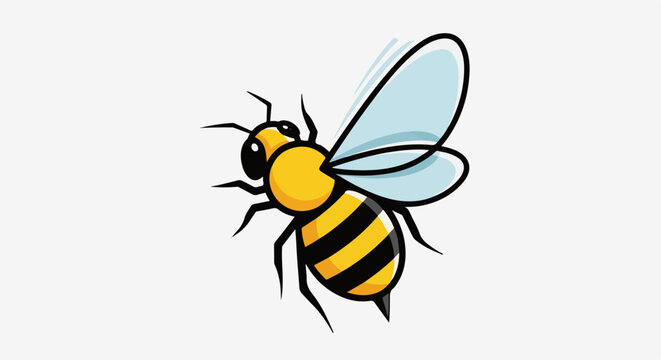 A cartoon bee with yellow and black stripes and light blue wings