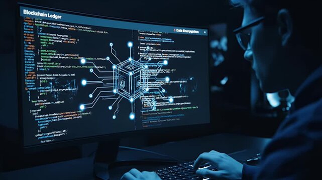 A focused individual intensely works on a laptop displaying blockchain ledger code, illuminated by the screen's glow in a dimly lit environment.