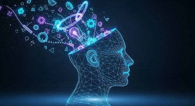 Abstract digital human head exploding futuristic low poly creativity and innovation background