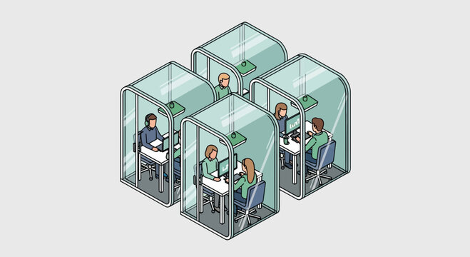Employees working in an open office space with business cubicles