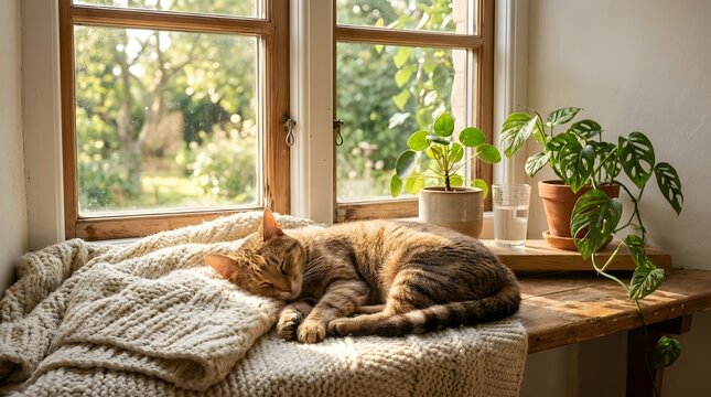 A relaxed cat lying on a soft bed beside a window with green plants, creating a peaceful and cozy home scene