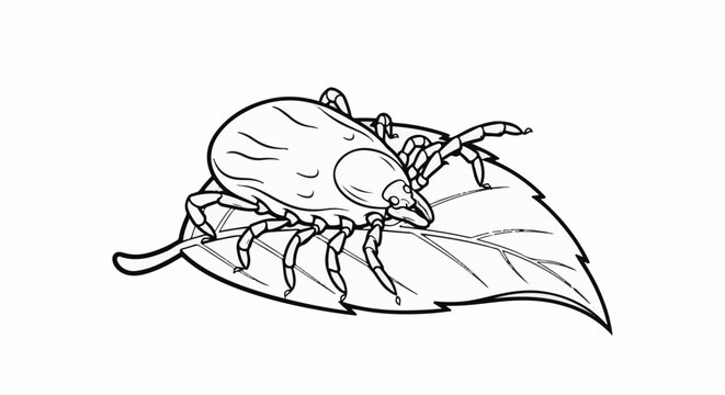 A black and white drawing of a tick on a leaf