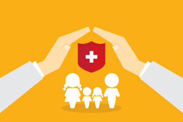 Fototapeta premium Health insurance protection concept with family under protective hands and medical shield, healthcare, safety, life coverage, security, support concept 