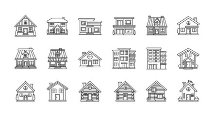 Fototapeta premium Collection of hand-drawn architectural house sketches in black and white.