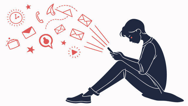 Person sitting alone engrossed in smartphone with social media icons floating around symbolizing online communication and digital connection in isolation