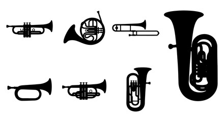 Brass musical instruments silhouette set, black trumpet and tuba icons, orchestral wind instrument collection, 7 vector elements for music design © Nusrat