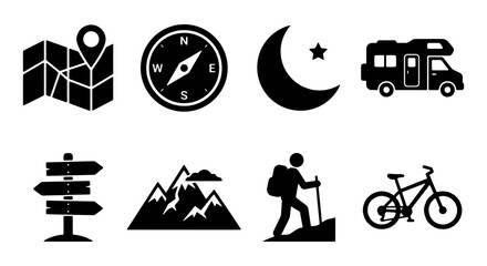 Outdoor adventure icons set, black camping and hiking vector elements, 8 travel and tourism symbols for map design, mountain exploration graphics © Nusrat