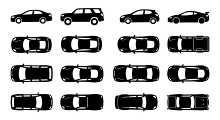 Black car icons set with 16 vector silhouettes, top view and side view vehicle symbols, automotive transport collection for traffic maps © Nusrat