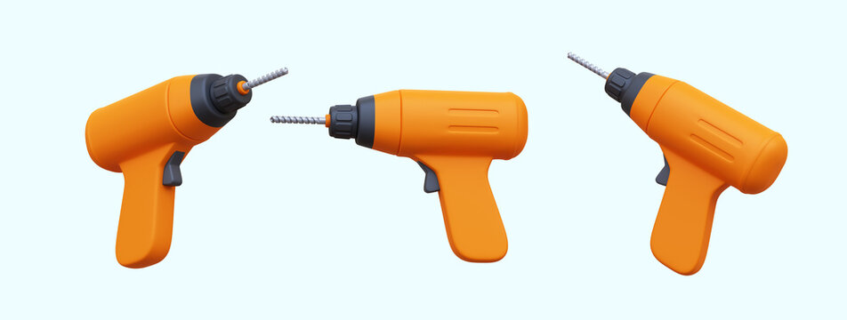 3D render power drill machine. drill machine 3d icons multi-angle views