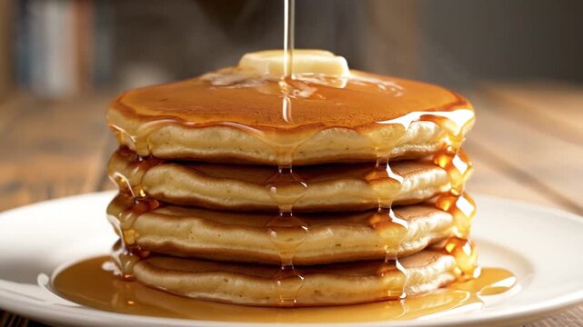 Stack of pancakes with syrup and butter on white plate