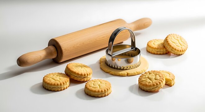 Baked cookies with rolling pin and cookie cutter on white surface