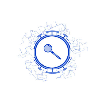Magnifier icon in a round frame with lightning electric discharges blue color isolated on transparent background
