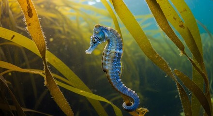 Obraz premium A blue seahorse swims near seaweed underwater in ocean waters slowly.